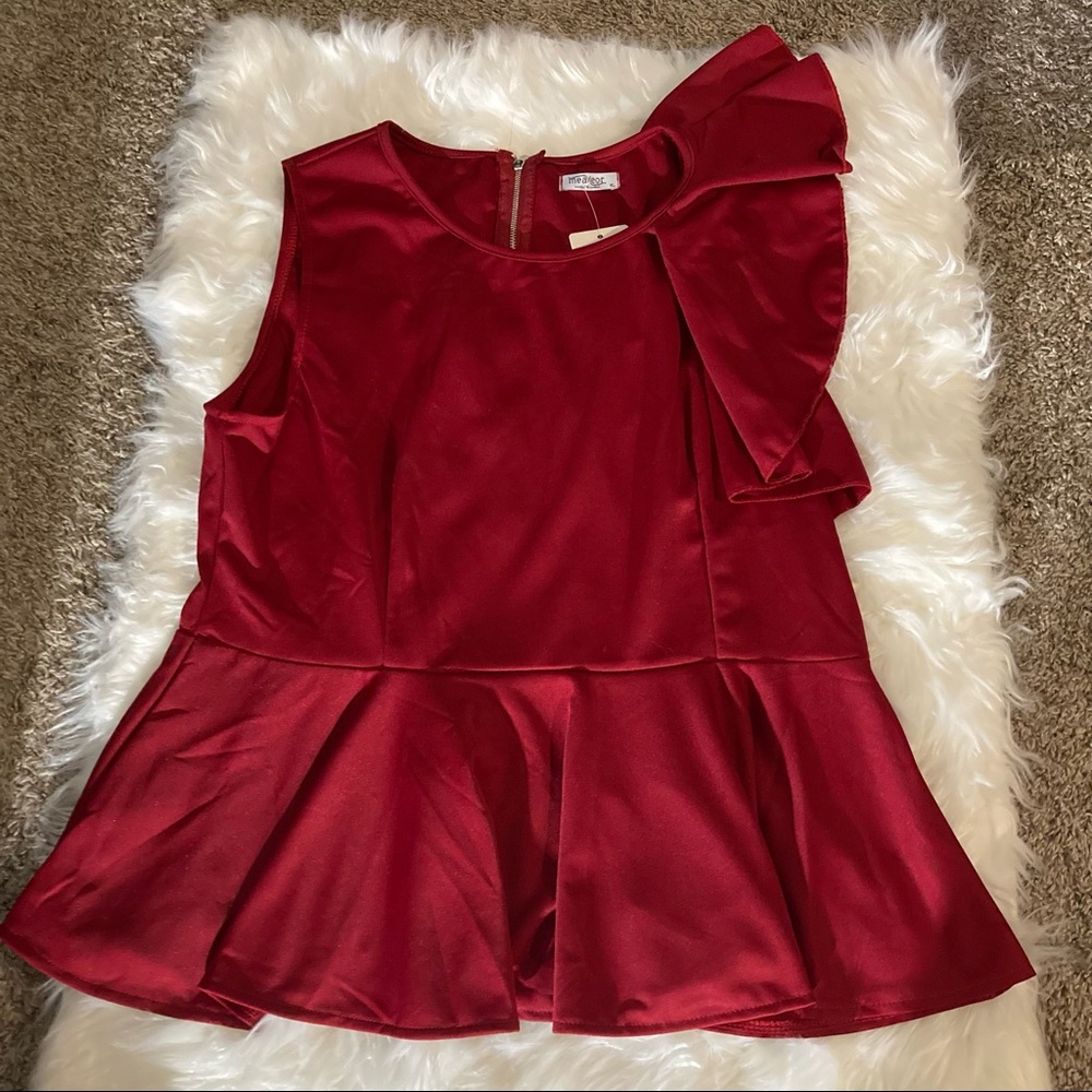 Burgundy sleeveless blouse with back zipper.